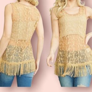 Sheer Embroidered Fringed Tank